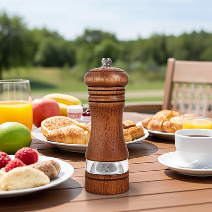 Maple Wood pepper grinder on a table with breakfast items outdoors