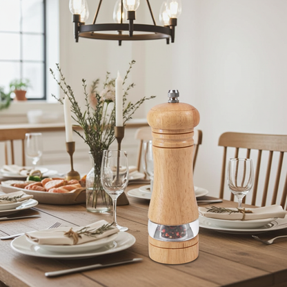 Pine Wood pepper grinder on a dining table with a set table and decor.
