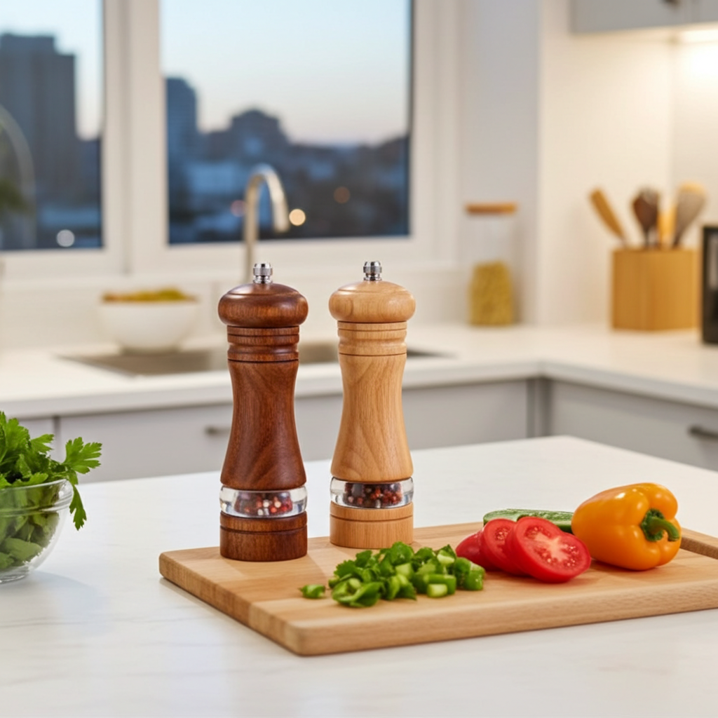 Wooden pepper mills on a cutting board with vegetables in a kitchen setting