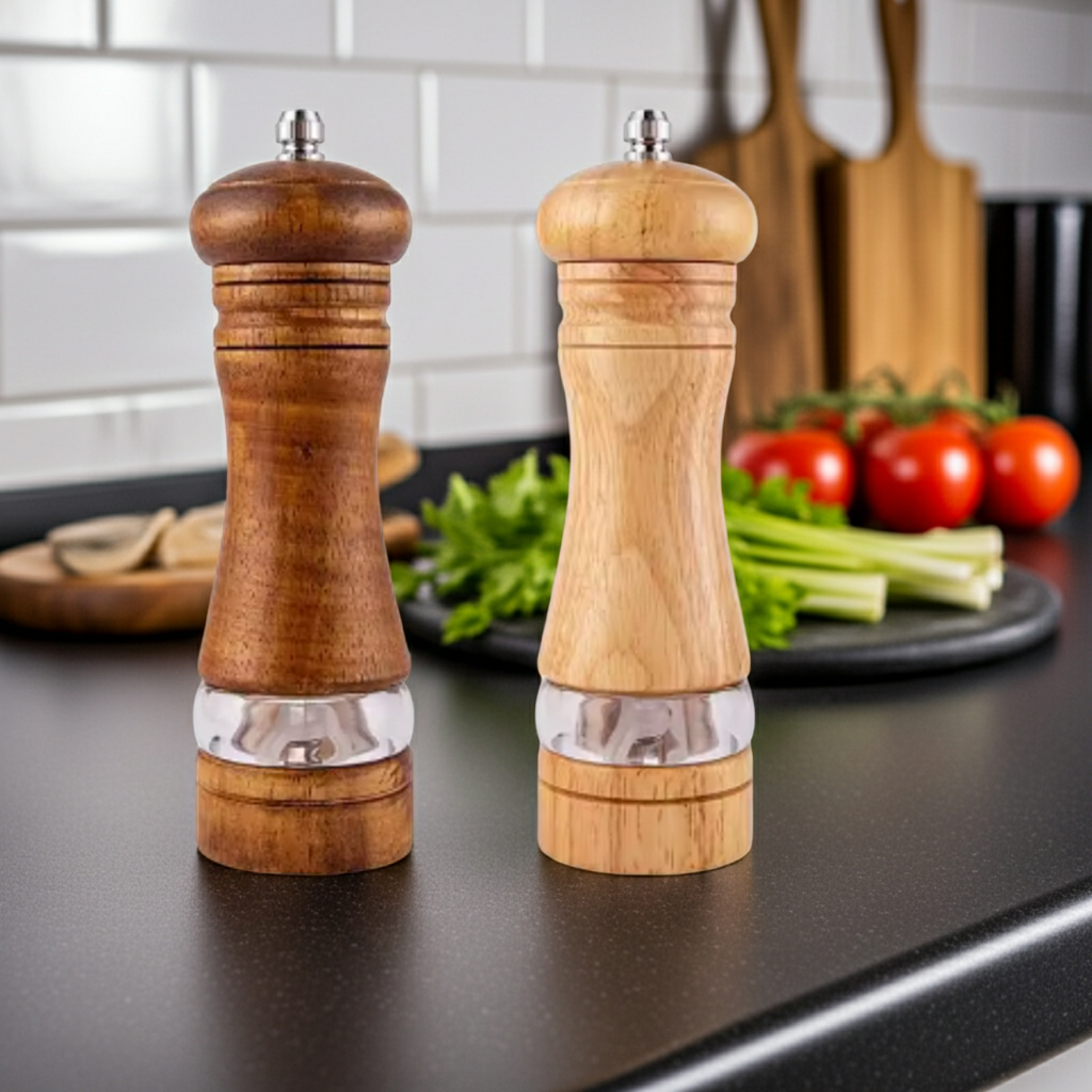 Wooden pepper mills on a kitchen counter with vegetables in the background