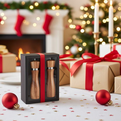 Wooden salt and pepper shakers in a box with Christmas decorations and gifts in the background.