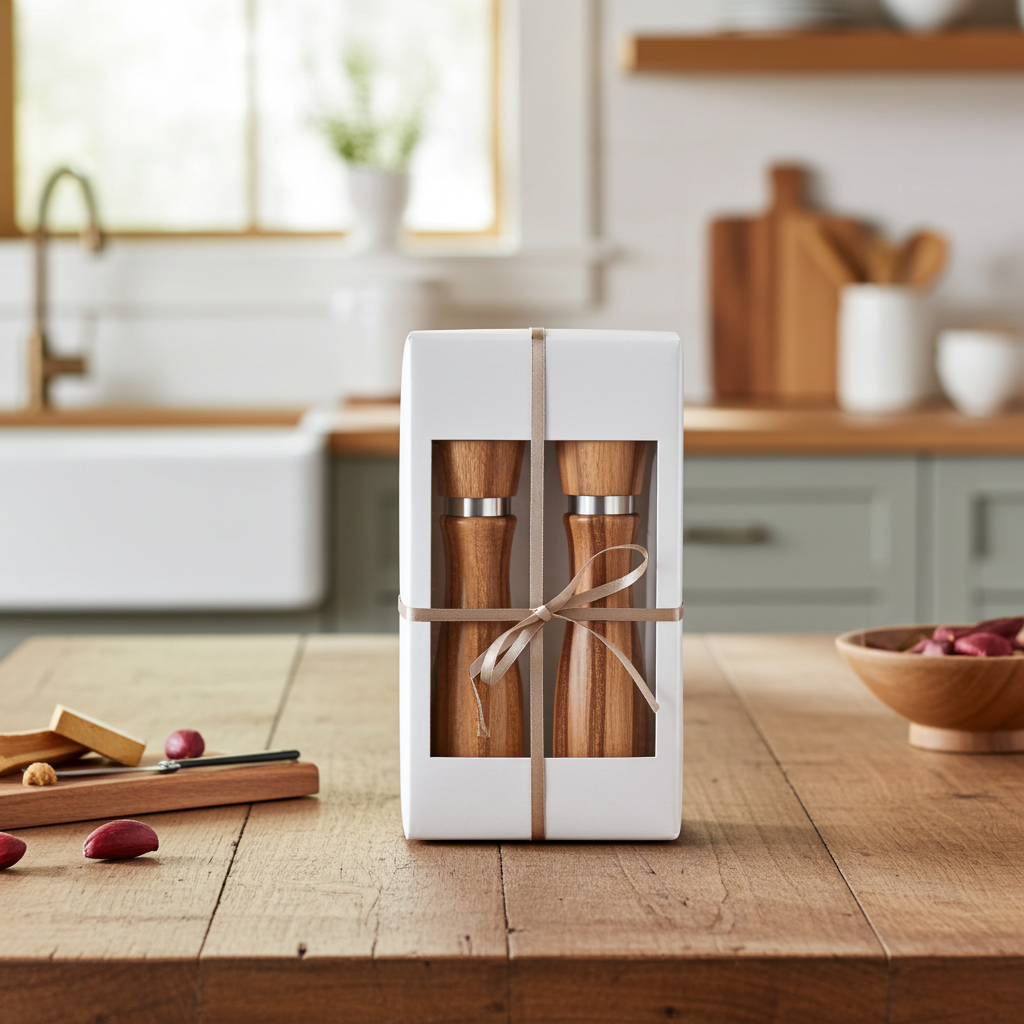 Wooden salt and pepper shakers in a white box on a kitchen counter.