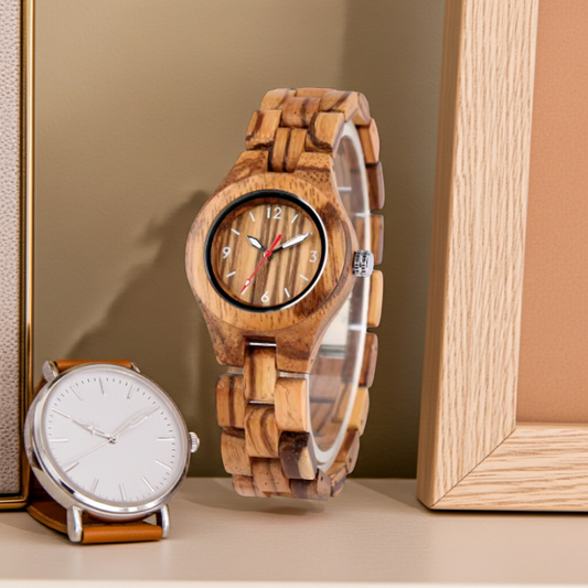 Two wooden watches on a neutral background