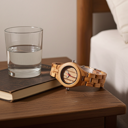 Wooden watch on a wooden surface next to a glass of water and a book.