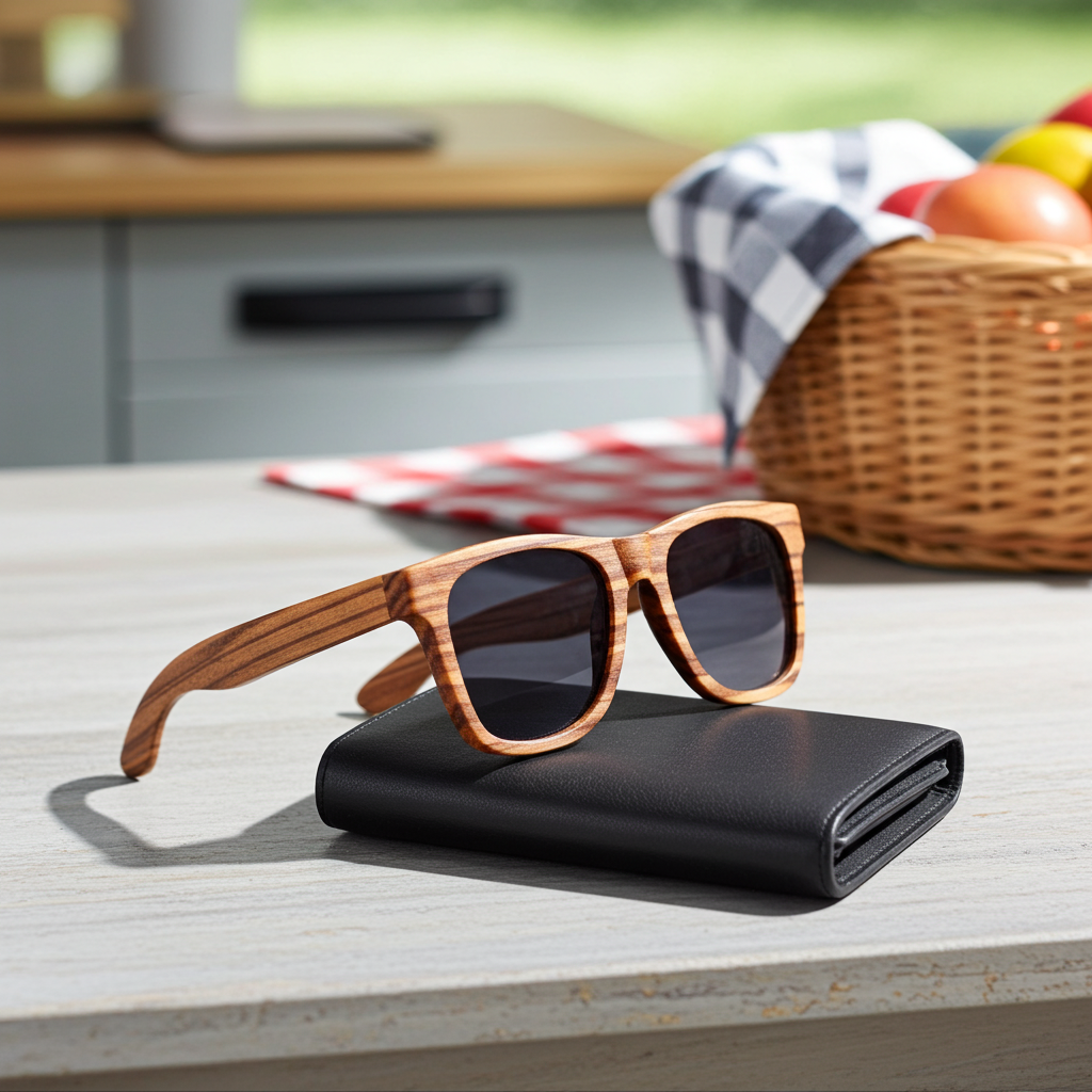 Wooden sunglasses with dark lenses on a black case on a wooden surface.