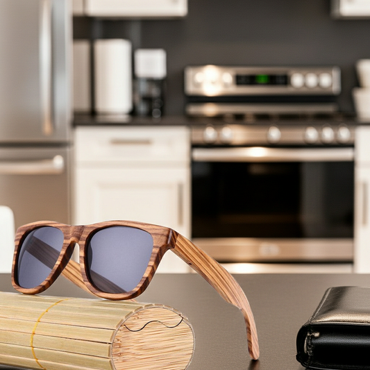 Wooden sunglasses with a case on a kitchen counter