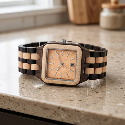 zebra wood watch on kitchen counter