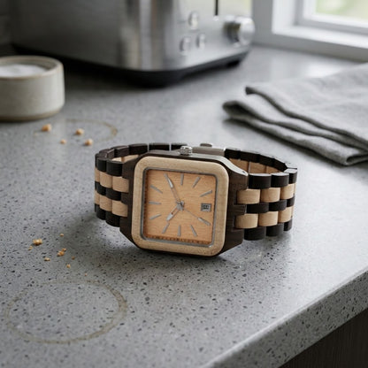 zebra wood watch in front of toaster