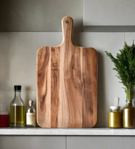 acacia cutting board in kitchen