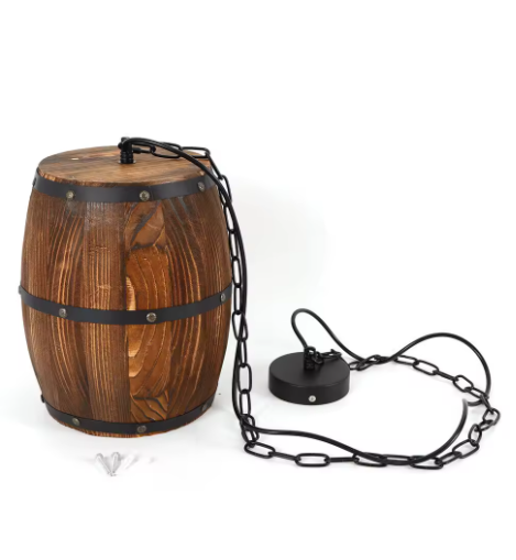 Wooden barrel with a chain and pendant light on a white background