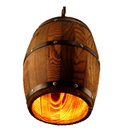 Wooden barrel-shaped pendant light with a warm glow on a white background