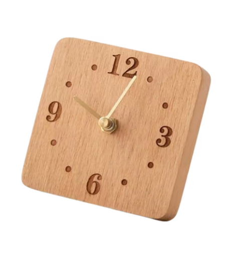 Wooden clock with square design on a white background