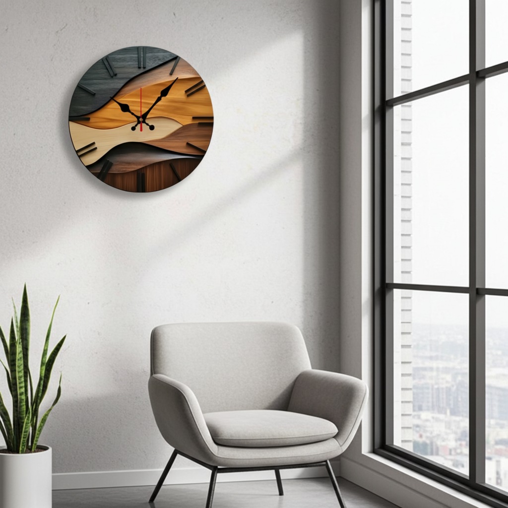 wooden clock hanging over a chair