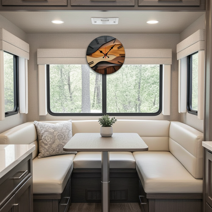 wooden clock hanging in an rv