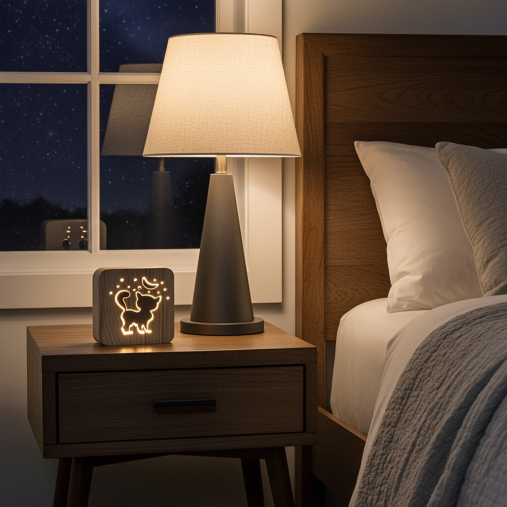 Bedroom scene with a nightstand lamp and decorative light on a bedside table.