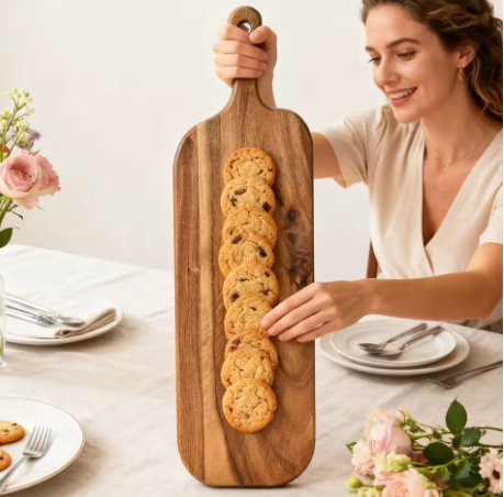 Woman holding a wooden board with cookies on a dining table