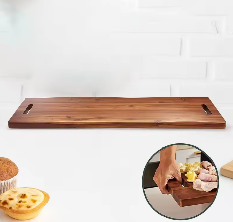 Wooden cutting board with handles on a white background