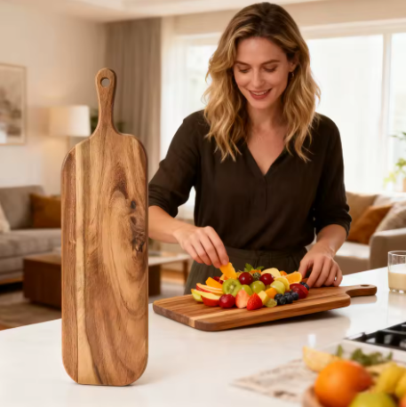Woman arranging fruits on a wooden cutting board in a kitchen.