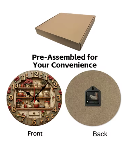 Decorative wall clock with front and back views on a white background