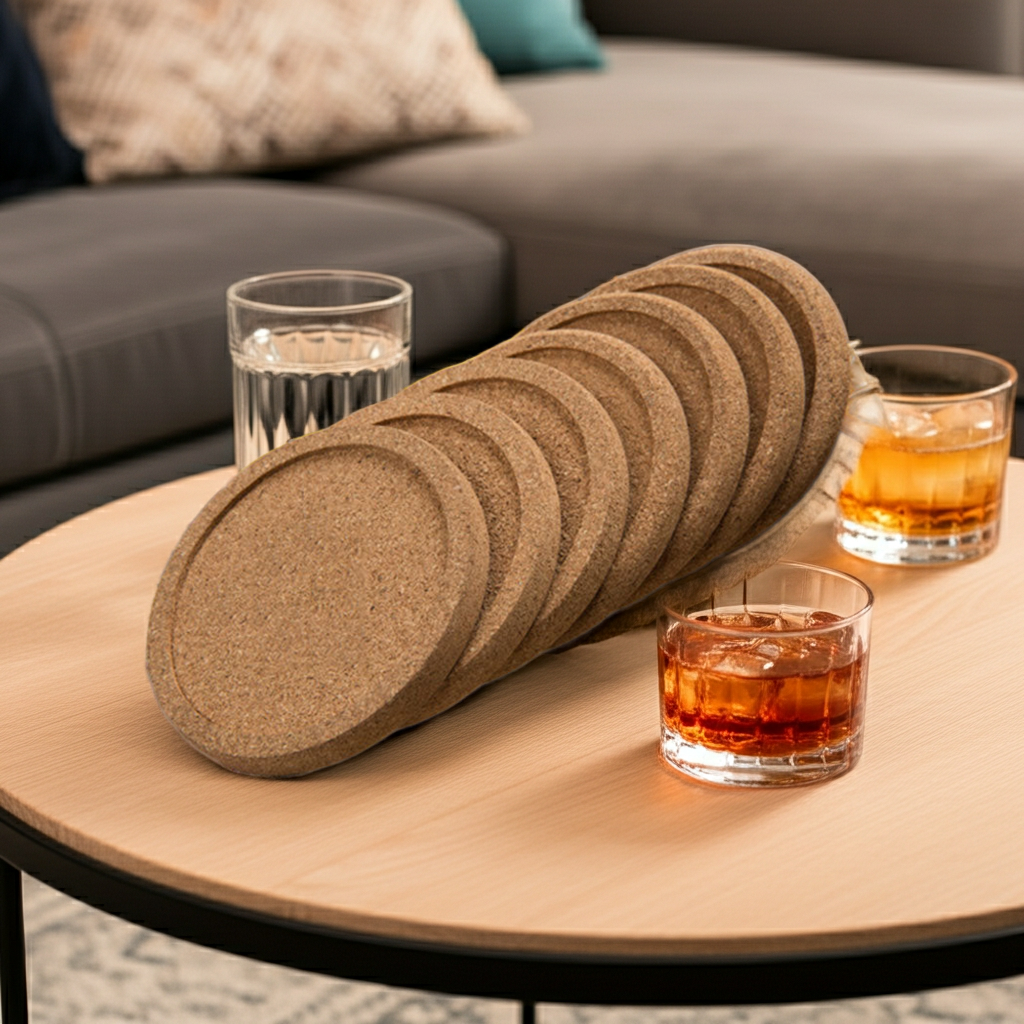 Set of cork coasters on a wooden table with glasses of drinks.