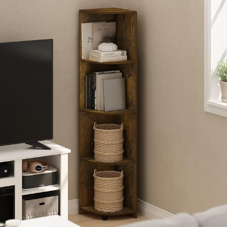Corner bookshelf with books and baskets next to a television stand in a living room.