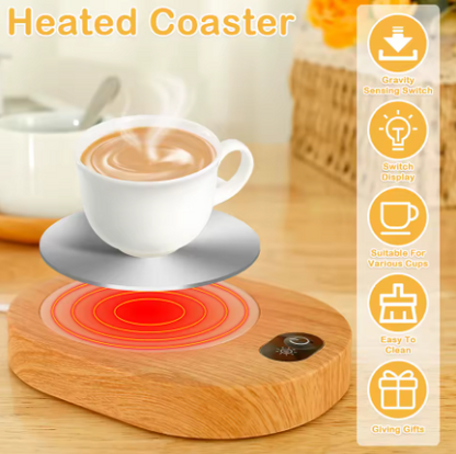 Heated coaster with a cup of coffee on a wooden surface, featuring a list of product features on the right.