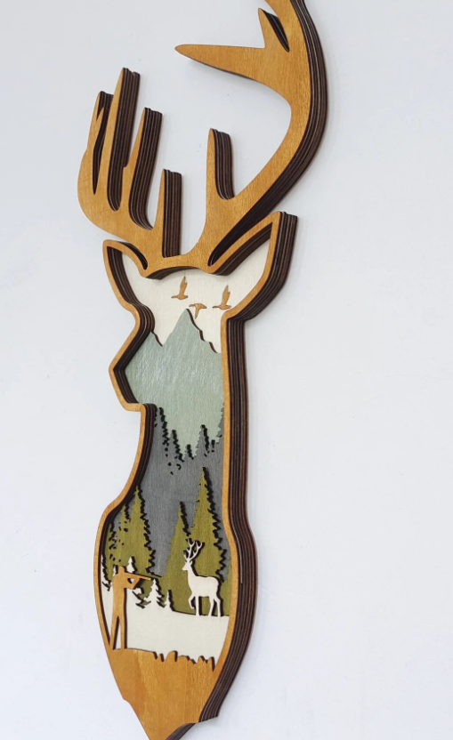 side view of cutout deer head decor