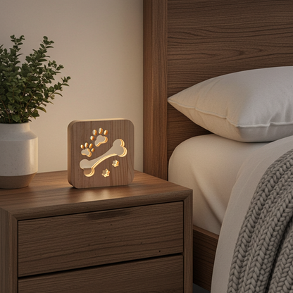 Wooden night light with paw and bone design on a bedside table next to a bed.