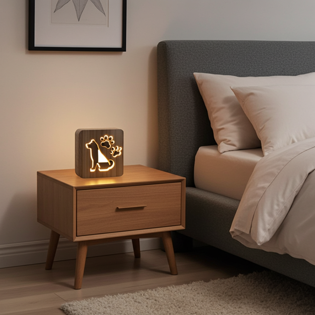 Wooden nightstand with a decorative light next to a bed in a bedroom setting.
