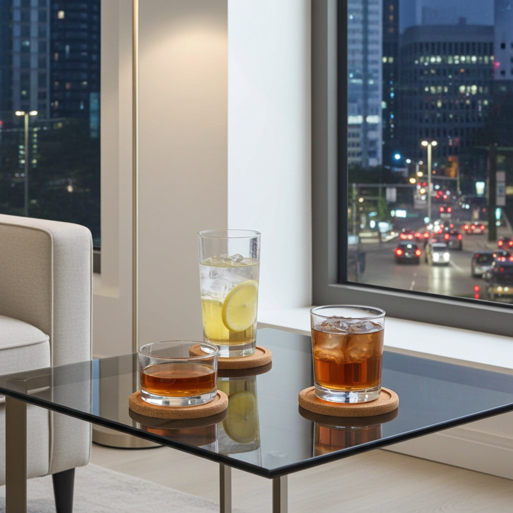 Two glasses of iced tea on a glass table with a cityscape view outside the window.