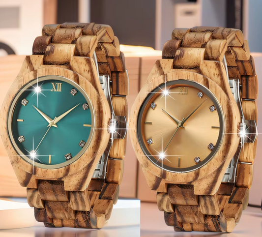 Two wooden watches with different colored faces on a reflective surface.