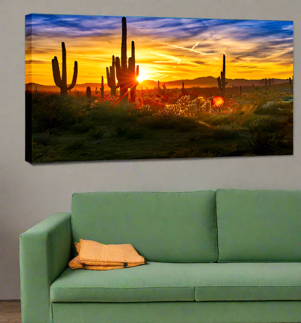 sunset canvas over green sofa