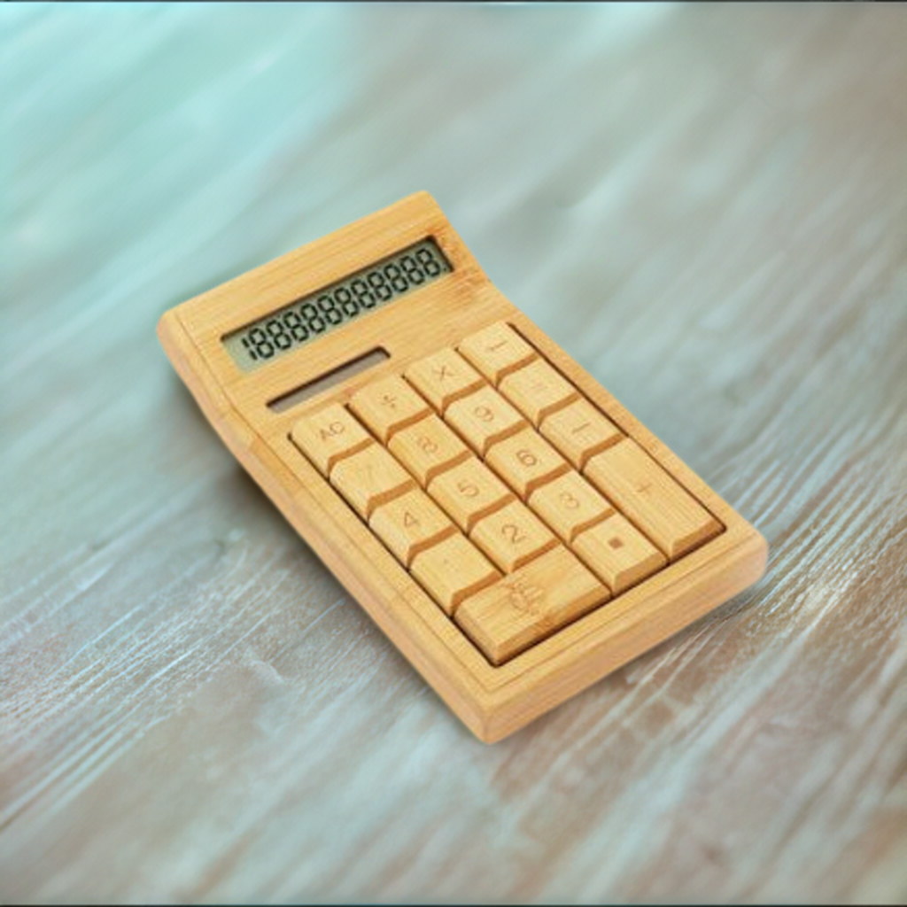 bamboo calculator on wood desk