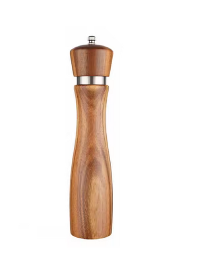 Wooden pepper mill with a silver top on a white background
