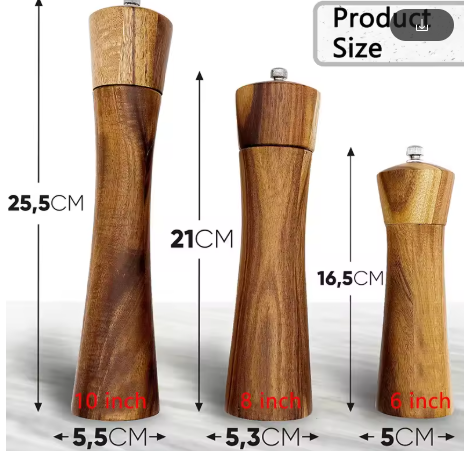 Three wooden pepper mills with measurements indicated on a white background