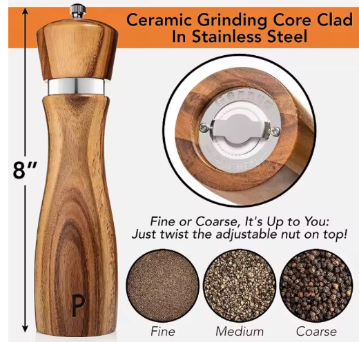 Wooden pepper grinder with stainless steel ceramic grinding core, showing measurements and adjustable settings.