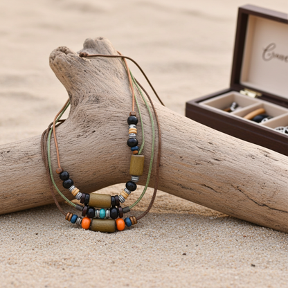 A multi-strand beaded necklace with brown cords, black, olive green, orange, and blue beads, draped over a piece of driftwood on a sandy beach next to an open jewelry box.