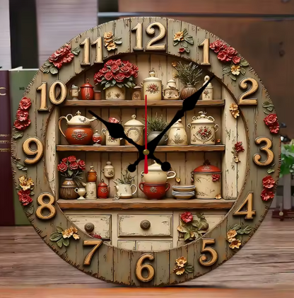 Decorative wall clock with shelves, flowers, and teapots on a wooden shelf.