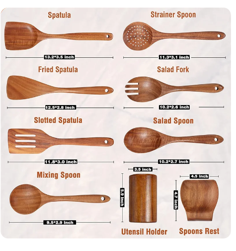 9 piece wooden spoon sets measurements