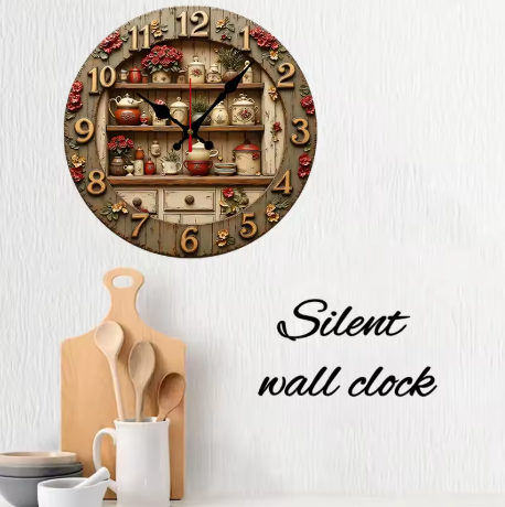 Decorative wall clock with rustic design on a white wall, featuring the text 'Silent wall clock'.