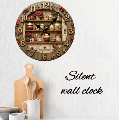 Decorative wall clock with rustic design on a white wall, featuring the text 'Silent wall clock'.