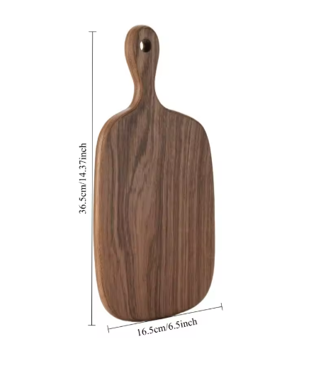 Wooden cutting board with handle and dimensions on a white background