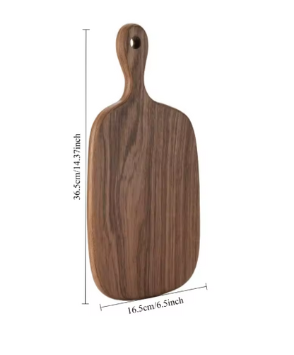 Wooden cutting board with handle and dimensions on a white background