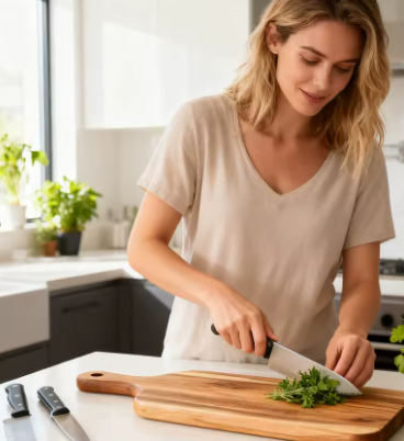 Woman cutting vegetables on a wooden cutting board in a kitchen