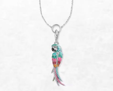 Colorful parrot pendant on a silver chain against a white background