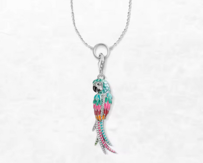 Colorful parrot pendant on a silver chain against a white background