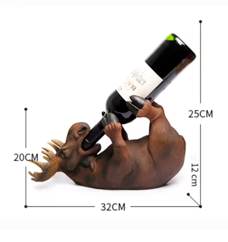 Moose-shaped wine bottle holder with a wine bottle on a white background, showing dimensions.