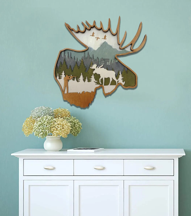 moose head decor hanging in room