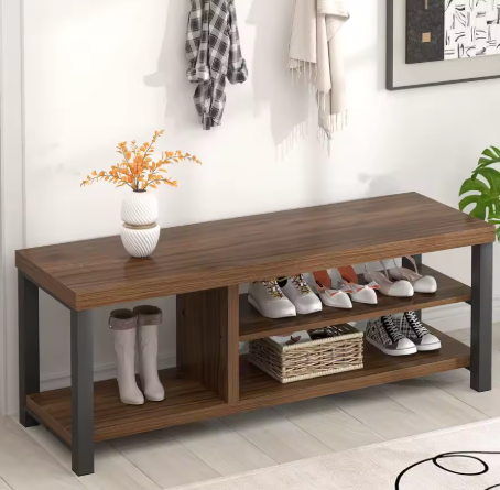 Wooden shoe bench with storage shelves in a room setting.