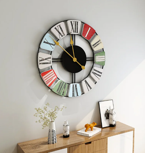 roman numeral color clock hanging over credenza